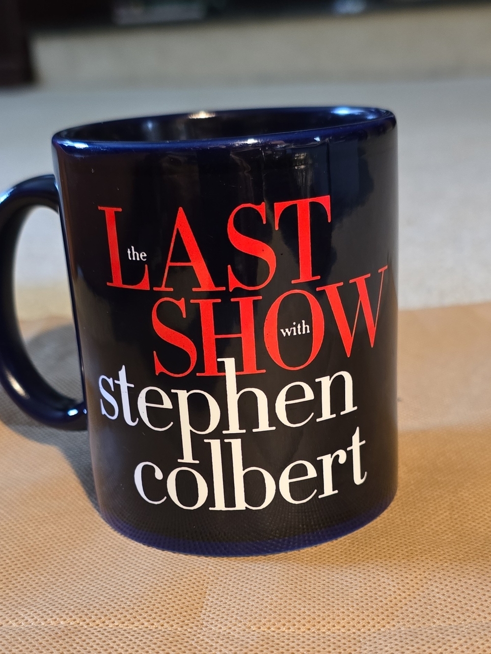 Navy Blue Ceramic Mug with Bold Red & White Text
